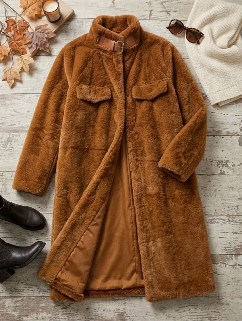 Emery Rose Camel Faux FurBuckle Collar Coat, Size XL